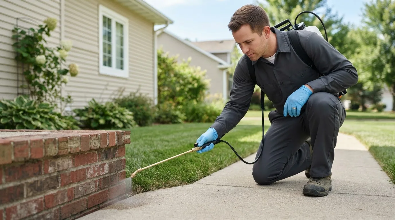 Pest control technician treating a home near Riverside, WA